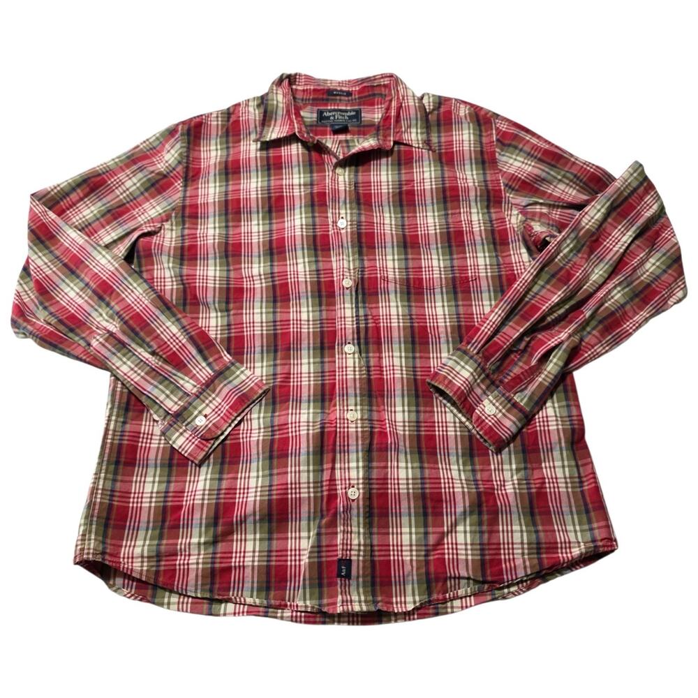 Abercrombie & Fitch Mens Muscle Fit Plaid Button Down Shirt Red Green XL